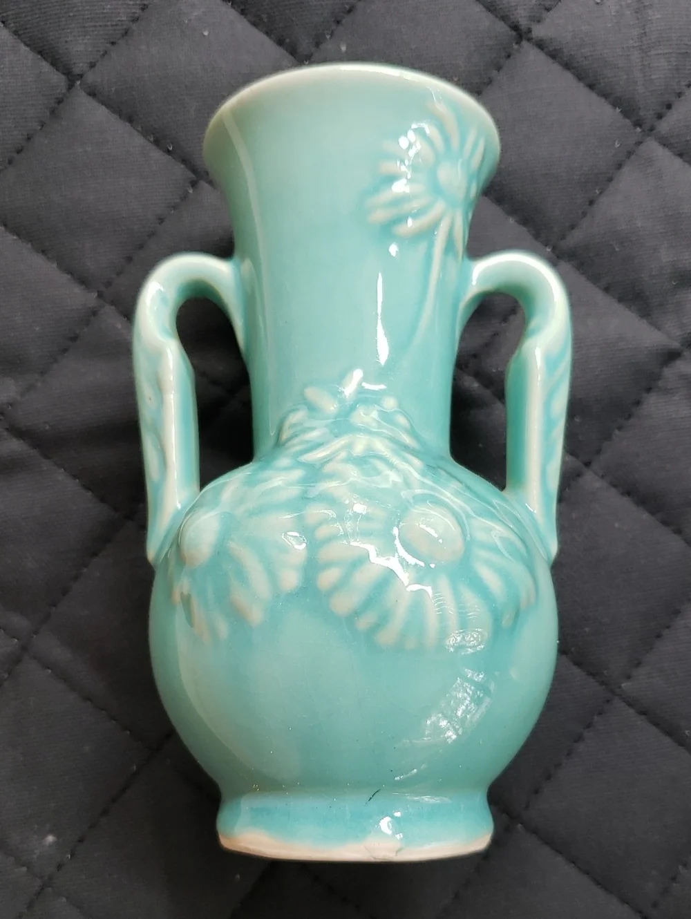 Aqua Glazed Floral Relief Double-Handled Vase Usa